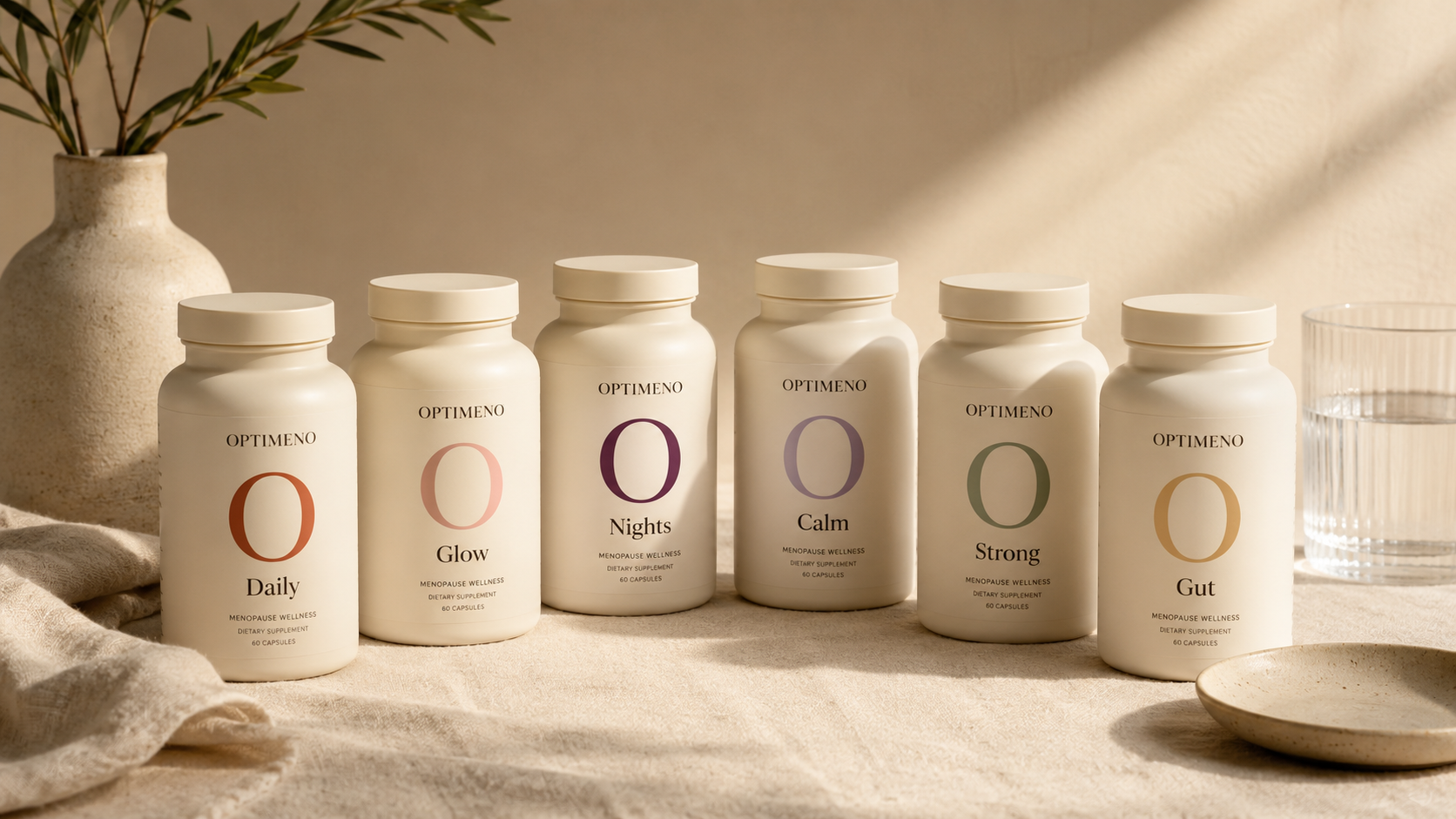 The Optimeno supplement line — six color-coded formulas